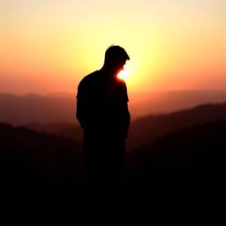 Experience tranquility with this silhouetted figure backlit by a soft, pastel sunset over a quiet mountain valley. The image 