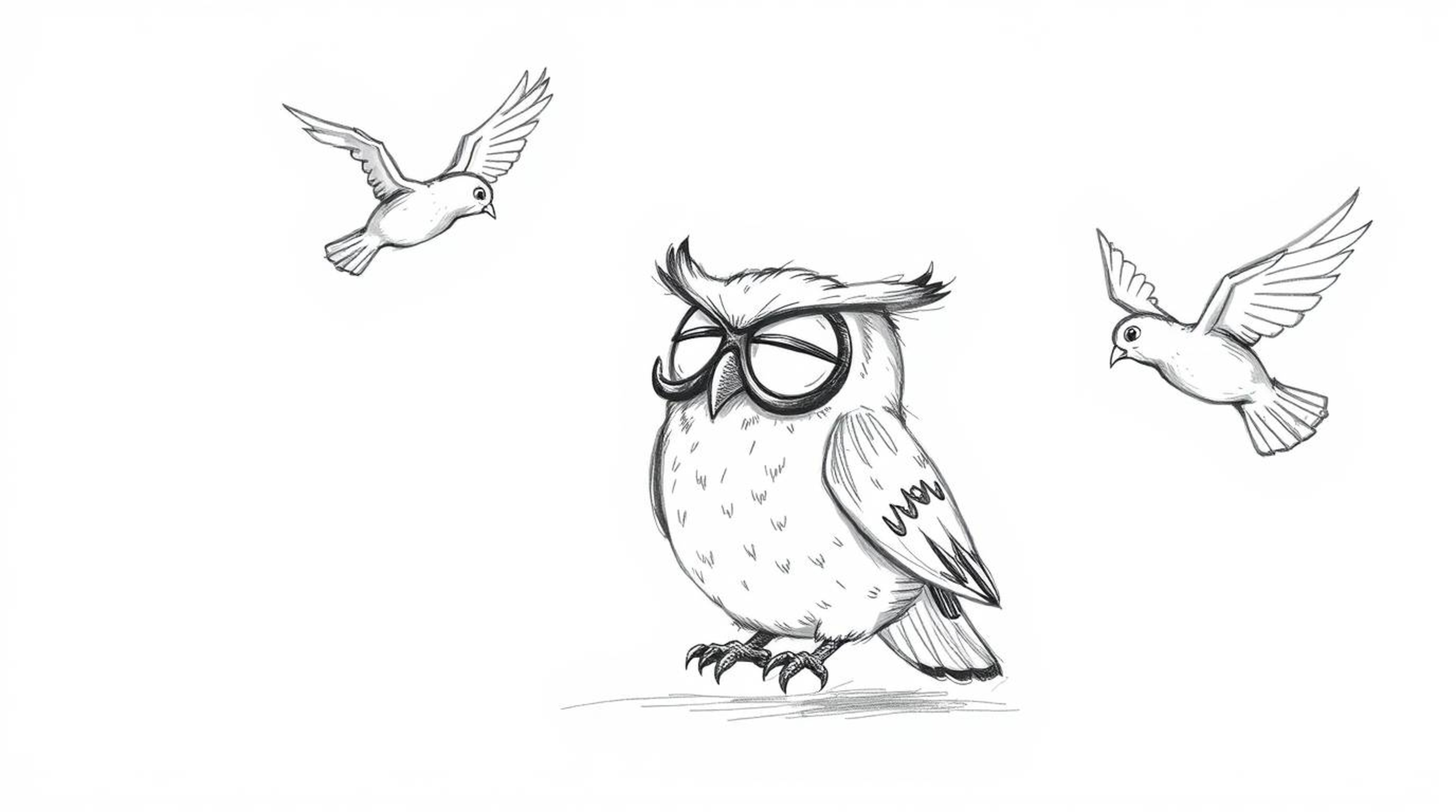 A heartwarming hand-drawn sketch in the style of Pixar depicts a blind owl with closed, yet expressive eyes, engaged in the u