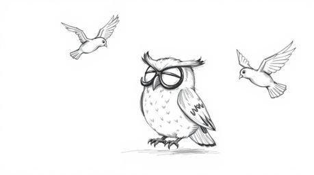A heartwarming hand-drawn sketch in the style of Pixar depicts a blind owl with closed, yet expressive eyes, engaged in the u