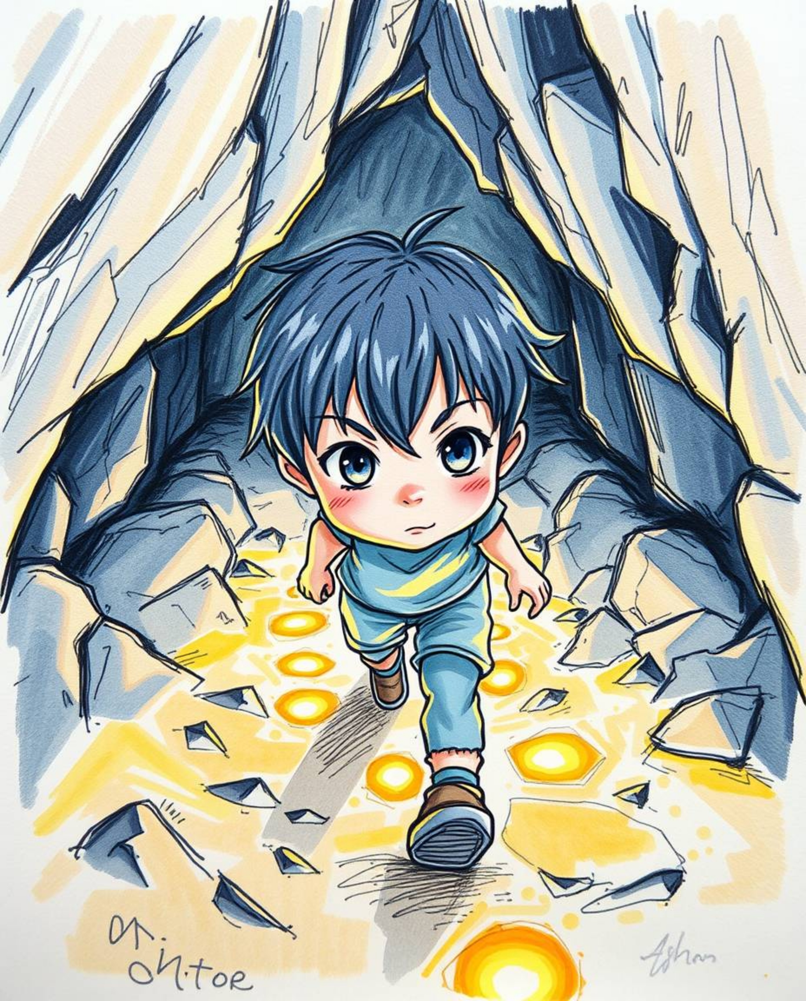 A captivating hand-drawn sketch in a colorful sketchnote style depicts a child with dark hair and bright eyes following a tra