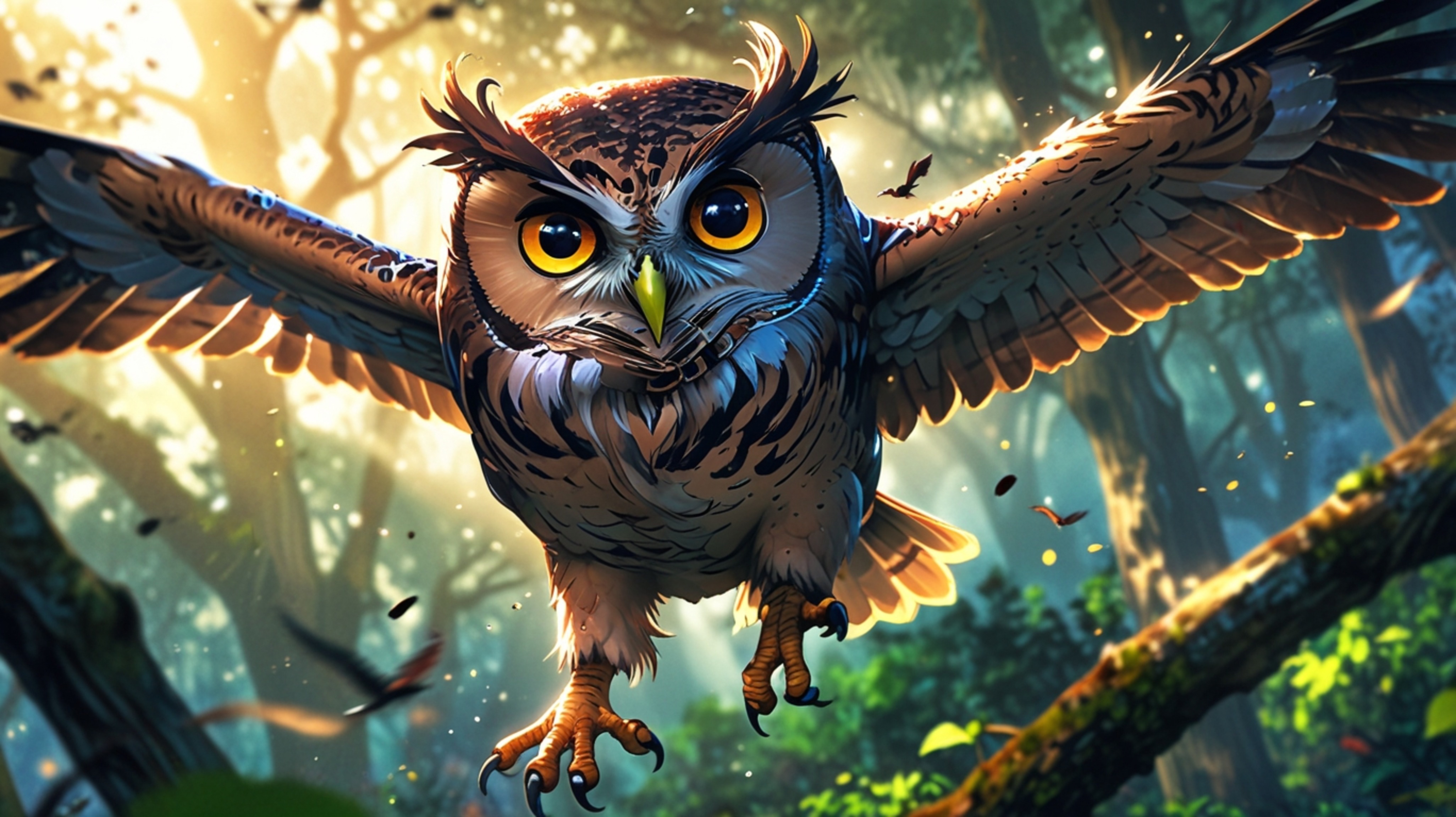 In a beautifully enchanting scene, crafted in a blend of Pixar and anime styles, a wise blind owl leads young birds on an exp