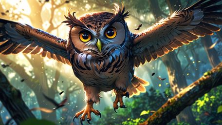 In a beautifully enchanting scene, crafted in a blend of Pixar and anime styles, a wise blind owl leads young birds on an exp