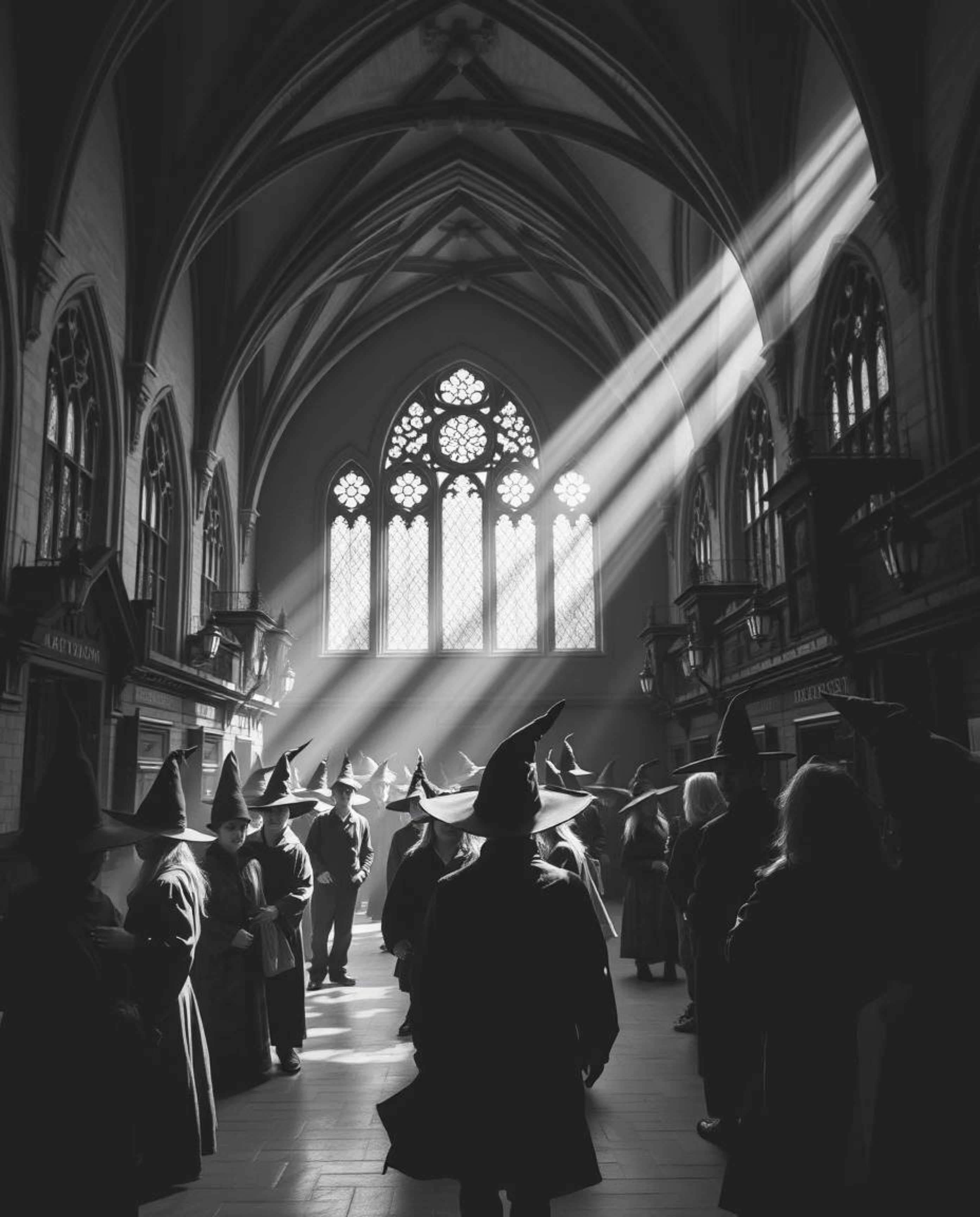 A classic black and white image depicts a magical school brimming with young wizards.  The artistic lighting and abstract pat