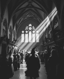 A classic black and white image depicts a magical school brimming with young wizards.  The artistic lighting and abstract pat