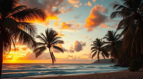 Experience the serene beauty of a tropical beach sunset in this cinematic photograph. Swaying palm trees silhouetted against 