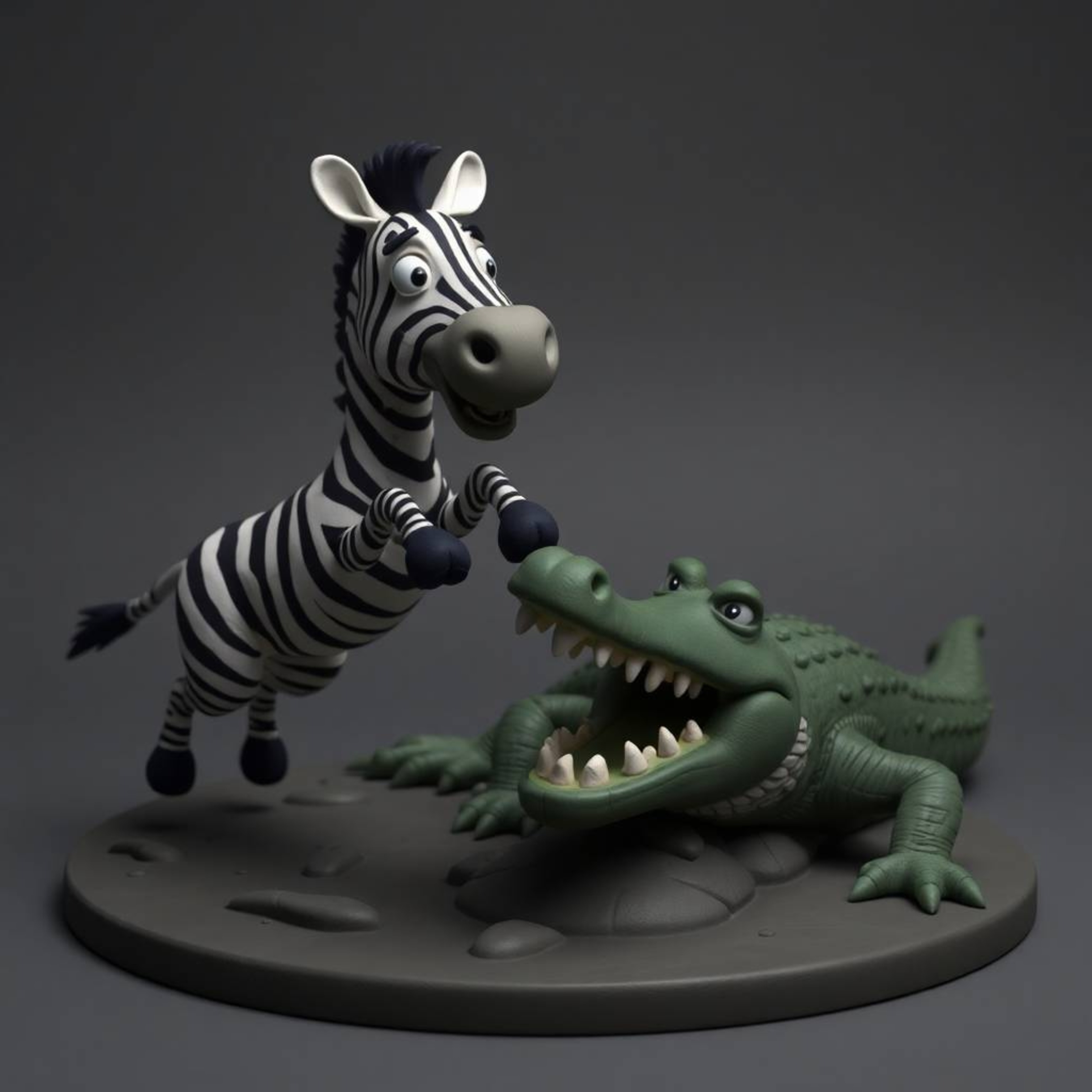 This sculptural clay art piece depicts a dramatic scene of a 3D cartoon zebra narrowly escaping a grinning crocodile. Rendere