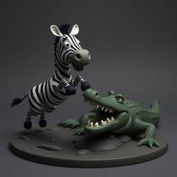 This sculptural clay art piece depicts a dramatic scene of a 3D cartoon zebra narrowly escaping a grinning crocodile. Rendere