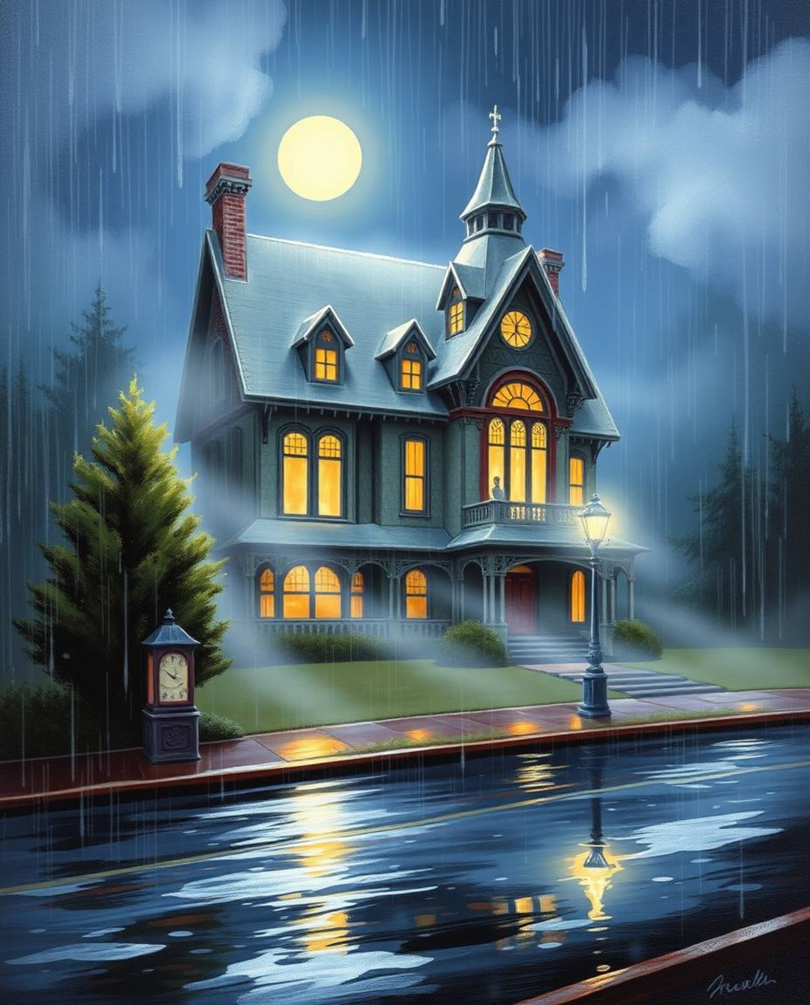 This painting captures the enchanting allure of a fog-covered Victorian mansion bathed in soft moonlight on a rainy night. Th