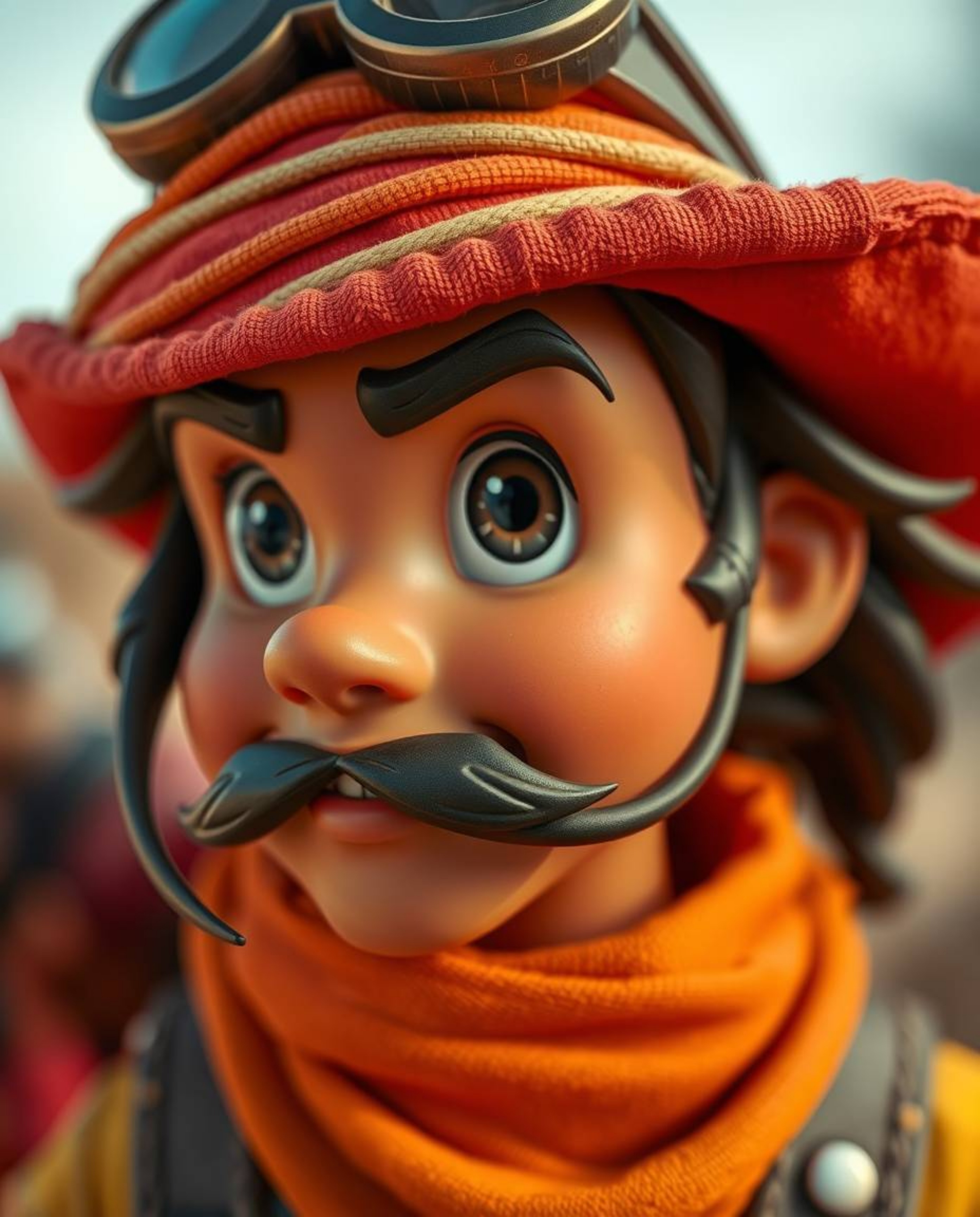 A captivating extreme macro photograph showcases a brave, Disney-esque hero embarking on a desert adventure.  The image boast