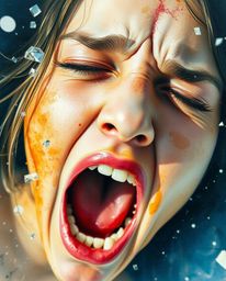 Explore a delicate watercolor painting in extreme macro close-up, capturing the intense emotion of a person screaming as thei