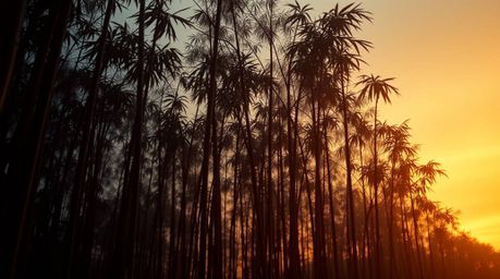 A professional photograph capturing an eerie yet warm-toned bamboo forest at sunset. The image emphasizes dark, unsettling de