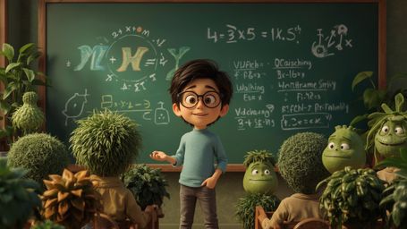 A highly detailed, high-resolution stock photo features a brilliant, bespectacled homeschooled genius, reminiscent of Pixar's