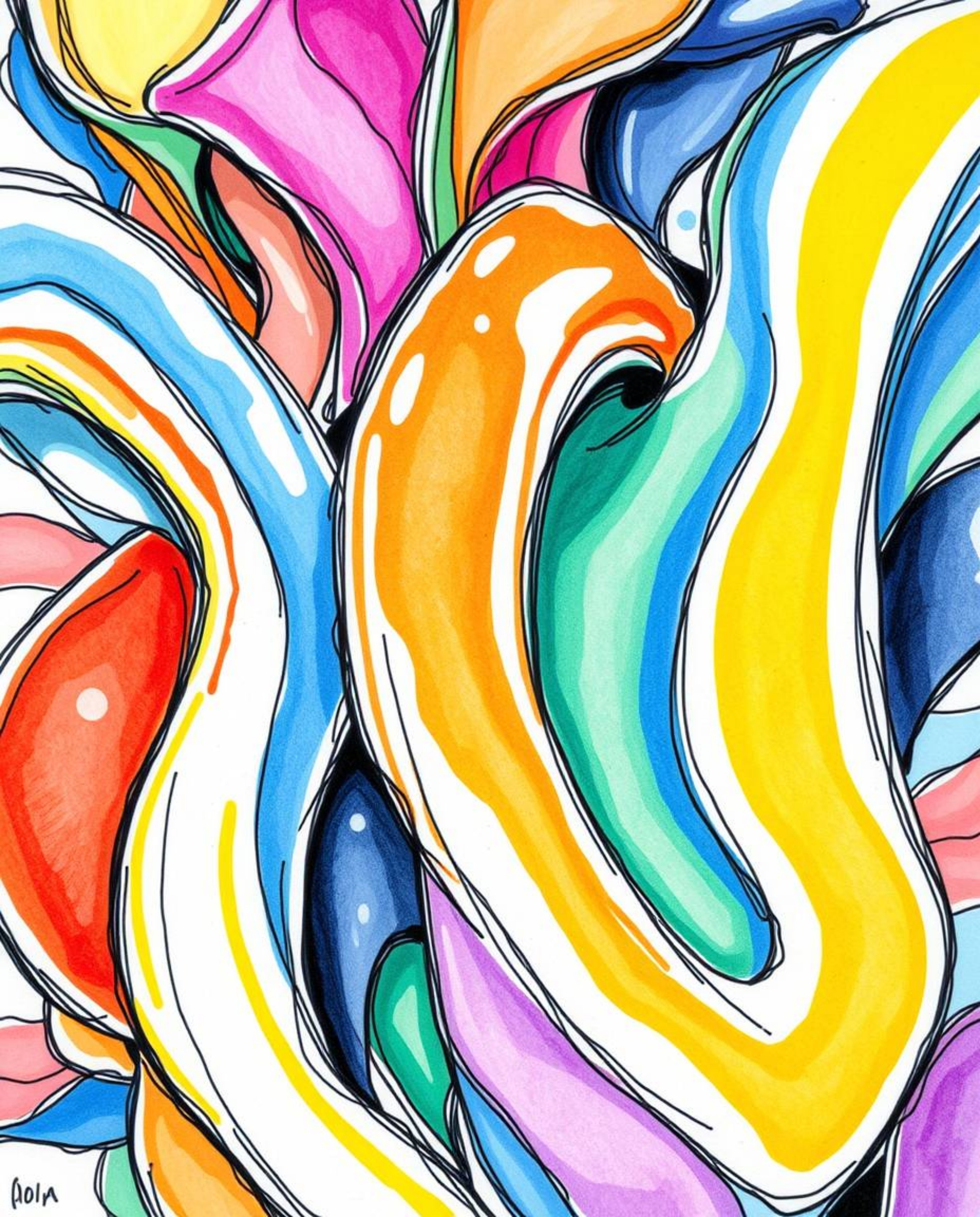 Explore the captivating world of colorful 3D fluid shapes and geometric forms in this hand-drawn sketch. This abstract compos