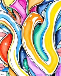 Explore the captivating world of colorful 3D fluid shapes and geometric forms in this hand-drawn sketch. This abstract compos