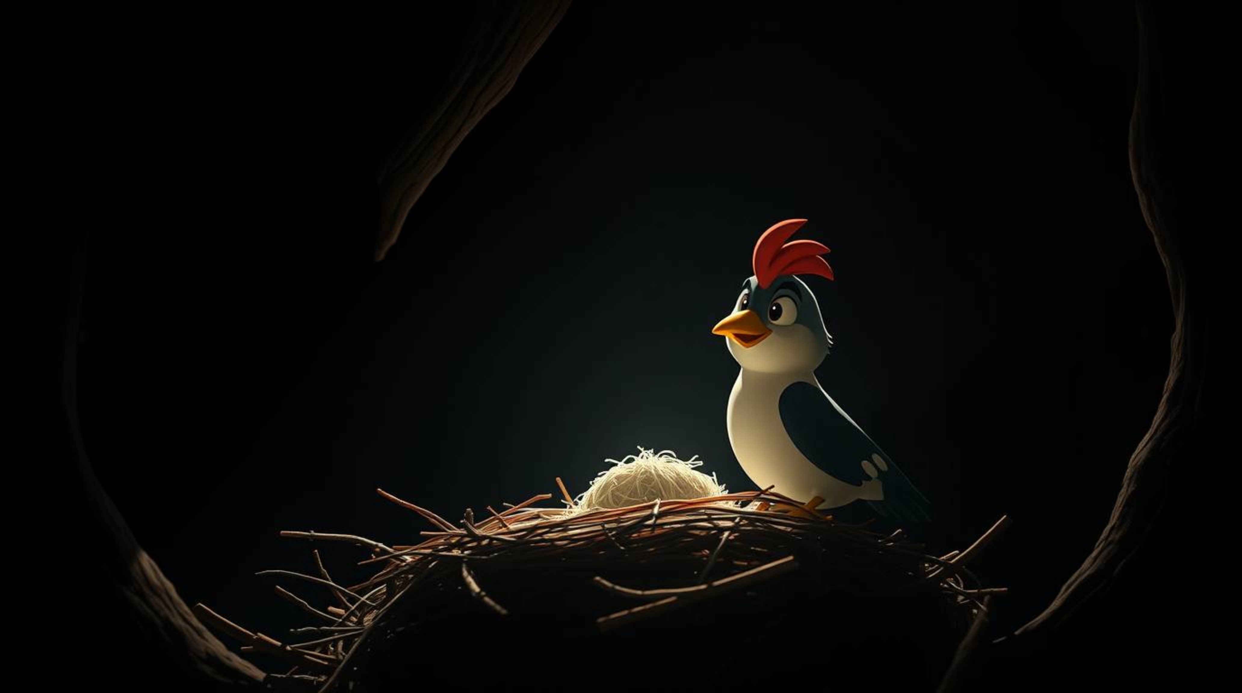 A captivating fine art photograph depicts two cartoon birds meticulously building their nest.  Rendered in a classic animatio