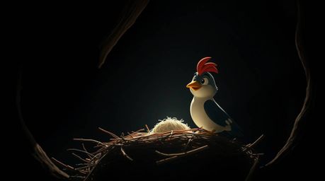 A captivating fine art photograph depicts two cartoon birds meticulously building their nest. Rendered in a classic animatio