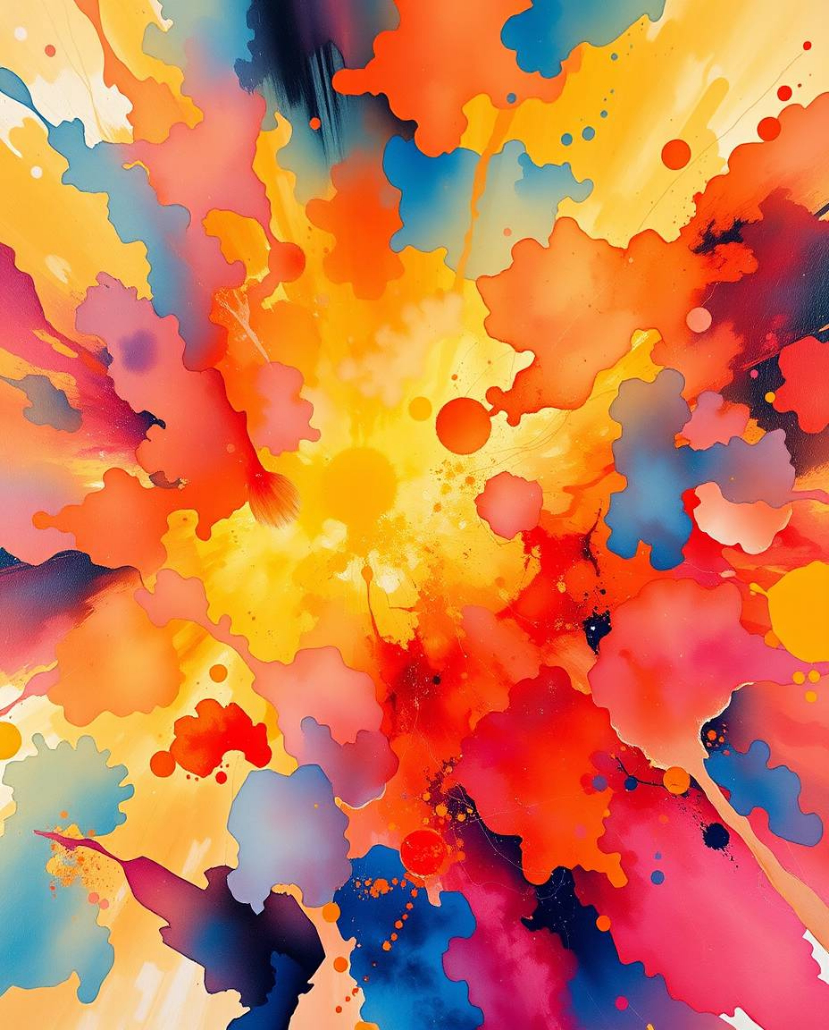 A classic oil painting style showcases vibrant watercolor splashes merging with a warm, golden glow, creating a radiant and l