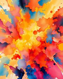 A classic oil painting style showcases vibrant watercolor splashes merging with a warm, golden glow, creating a radiant and l