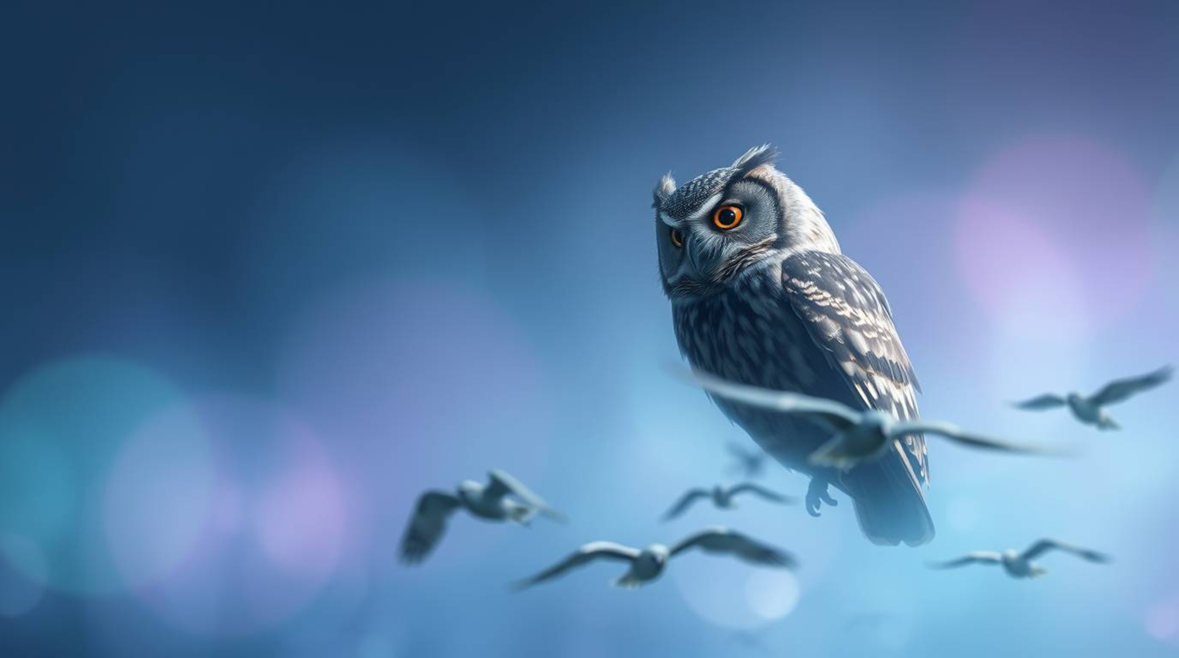 This long exposure photograph, characterized by an ethereal and spiritual vibe, captures a blind owl in a proud Pixar style a