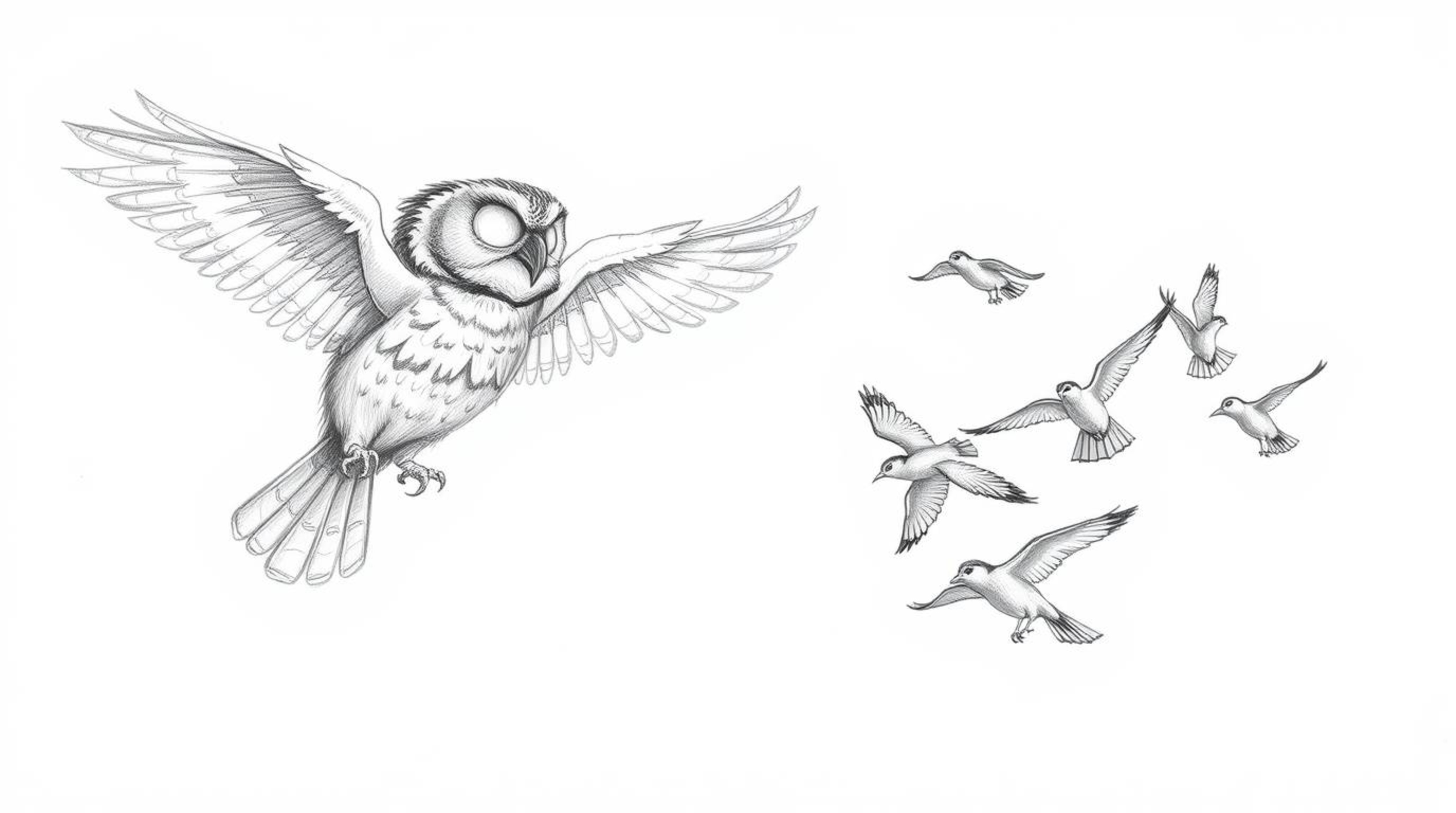 A captivating hand-drawn pencil sketch depicts a blind owl, its feathers rendered with textured strokes, guiding a vibrant fl