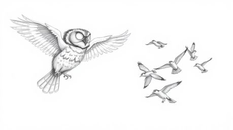 A captivating hand-drawn pencil sketch depicts a blind owl, its feathers rendered with textured strokes, guiding a vibrant fl