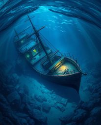 A captivating high-angle illustration showcases a shipwreck illuminated in the deep underwater, revealing cool blues, greens,