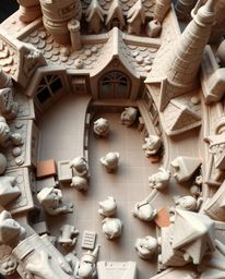 This sculptural clay art depicts a magical school teeming with young wizards, presented from a captivating overhead bird’s ey
