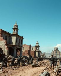 Explore a dramatically cinematic and precisely detailed architectural color photography of a battlefield where time seems to 