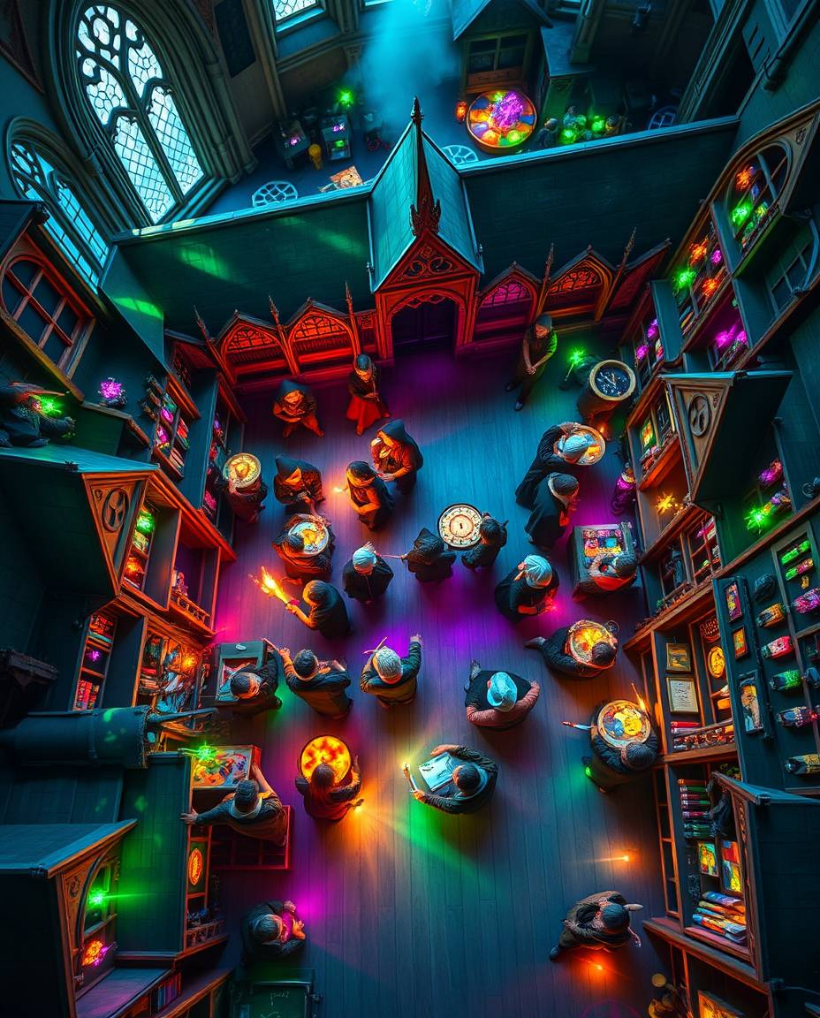 Immerse yourself in a bird's-eye view of a vibrant magical school bustling with young wizards. Bioluminescent colors illumina