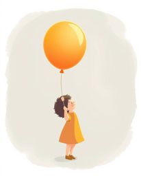 A charming illustration depicts a child holding a balloon, rendered in a modern flat design style. The artwork features a sof