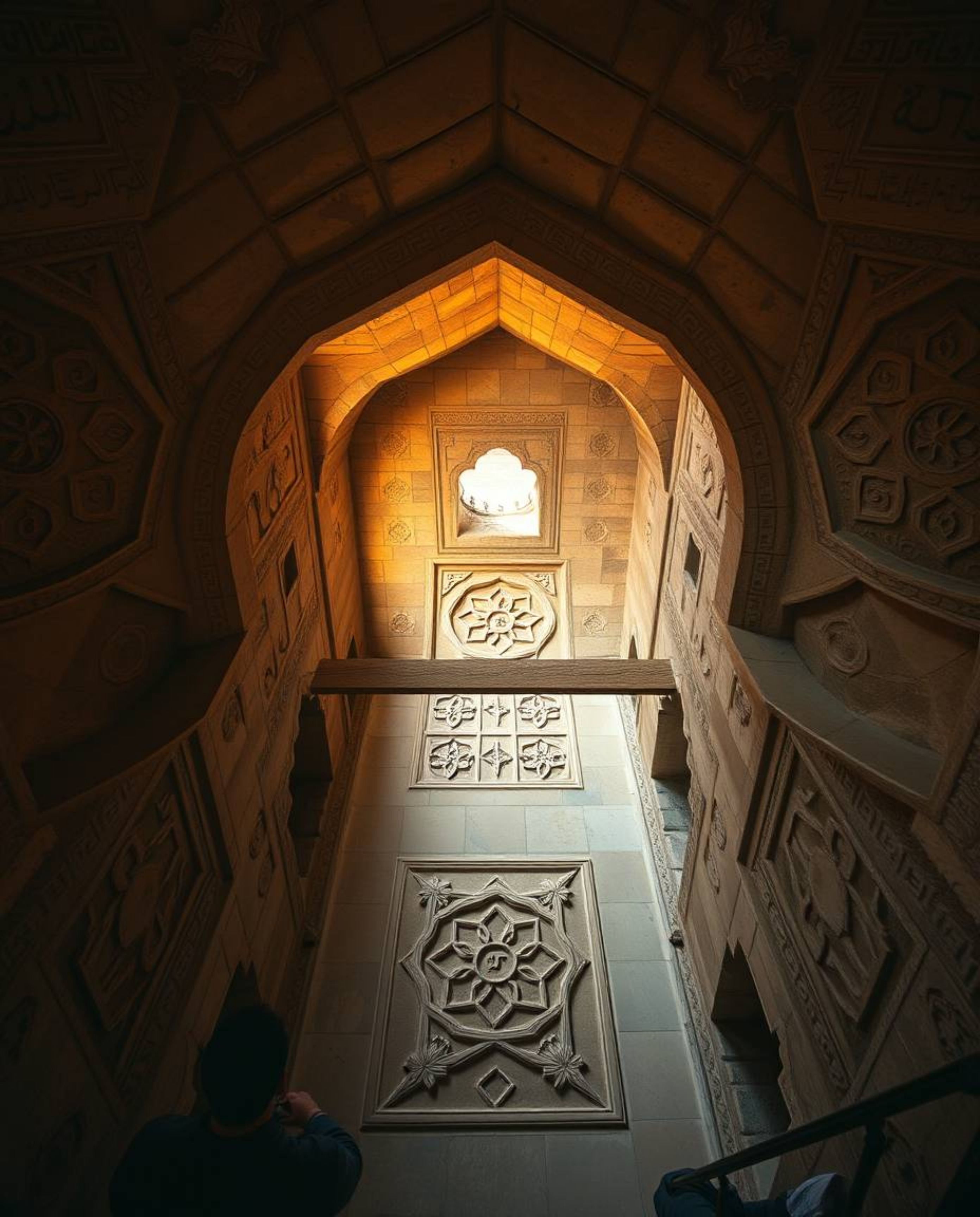 Explore the beauty of Islamic geometric patterns meticulously carved in stone, captured through a high-angle perspective in t