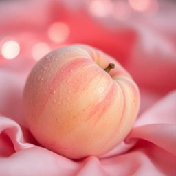 A stunning extreme macro close-up image showcasing a soft, blushing pink peach resting on silky pastel pink fabric. The ASMR 