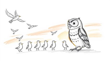 A charming hand-drawn sketch in the style of Pixar depicts a blind owl with gentle, expressive features teaching a classroom 