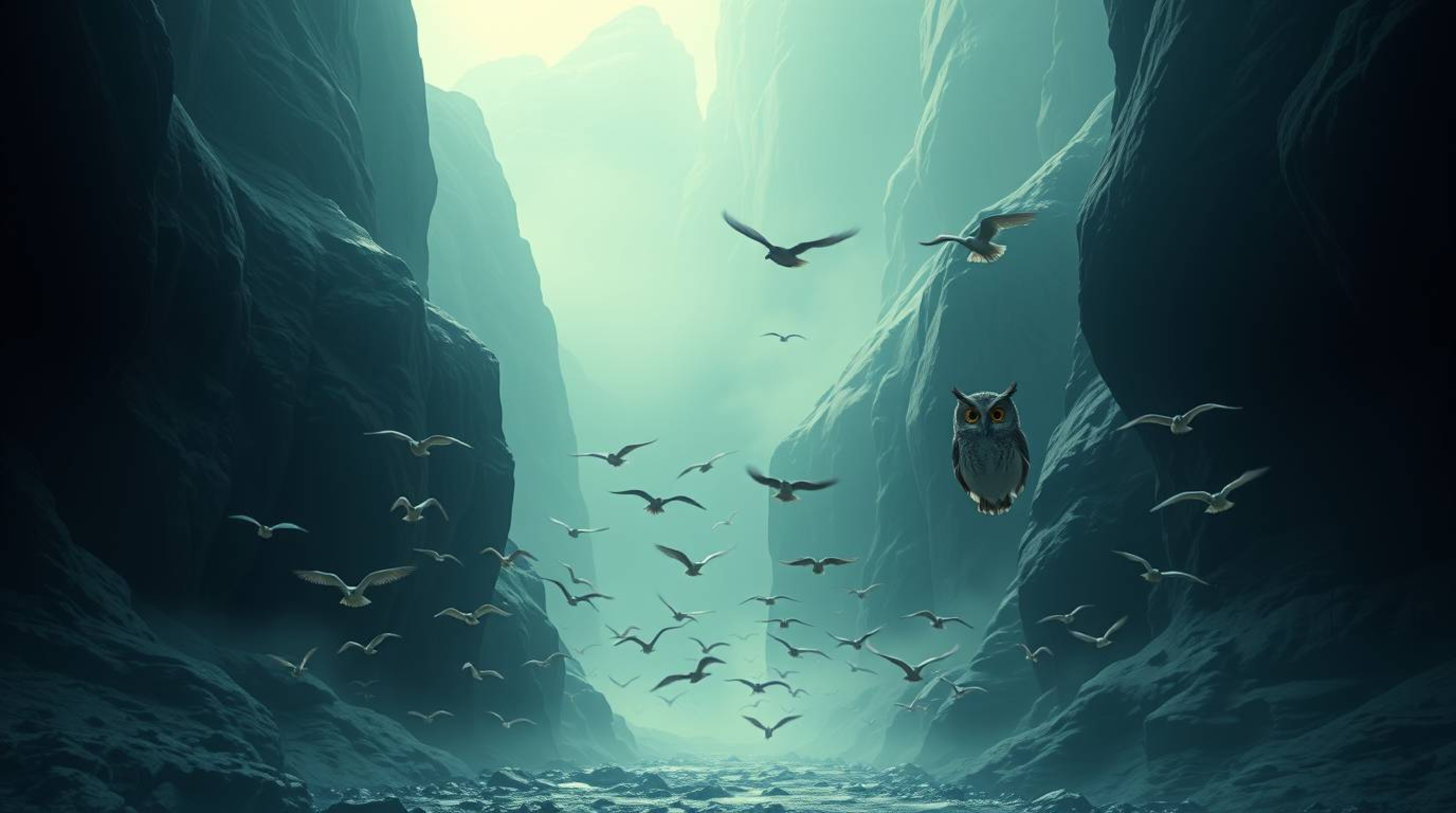 This cinematic long-exposure photograph captures a wise-looking blind owl, rendered in a charming Pixar-like style, as it gui