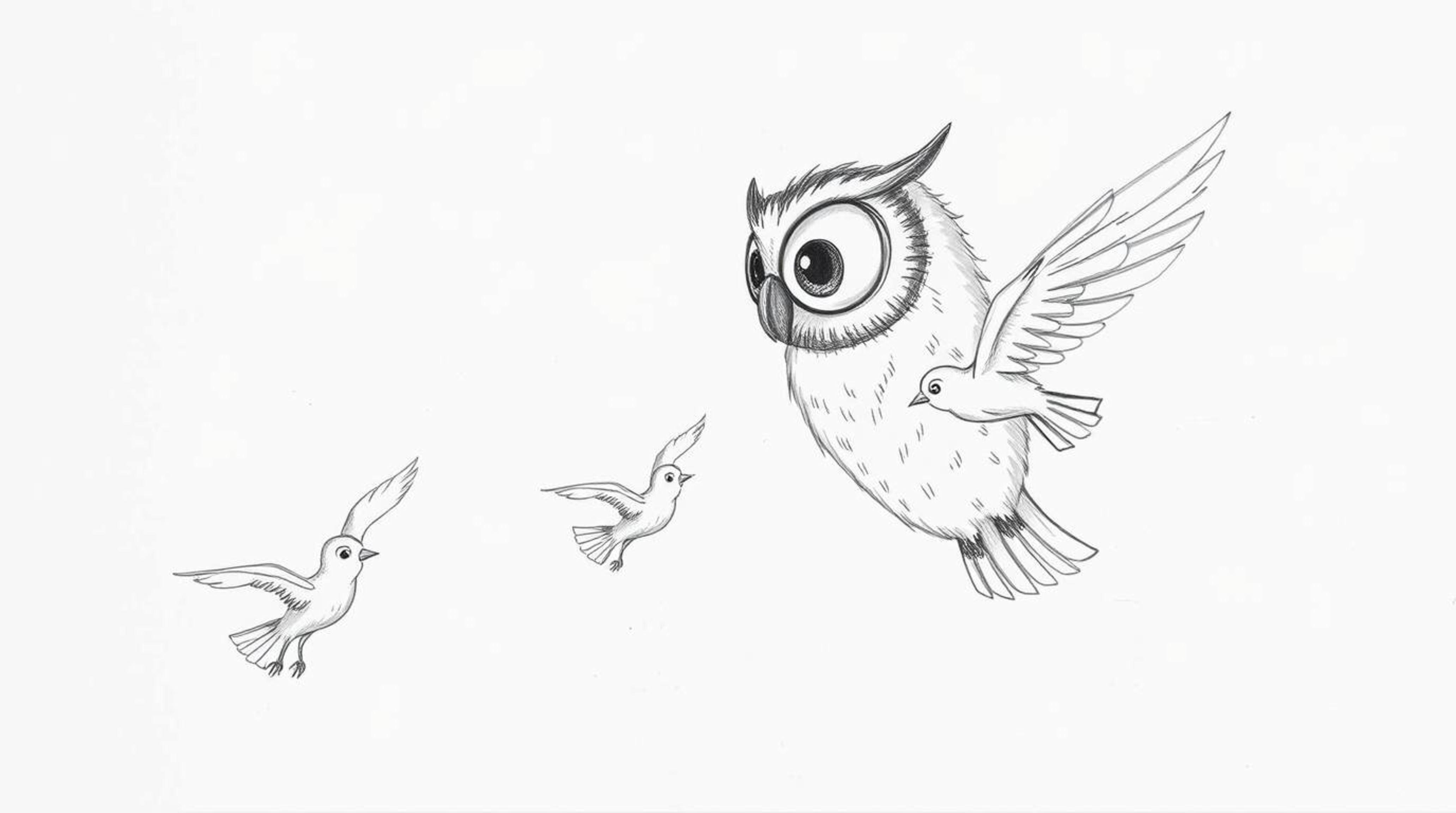 A heartwarming Pixar-style hand-drawn sketch depicts a blind owl with large, expressive eyes, embodying wisdom as it teaches 
