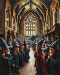 A captivating oil painting depicts a magical school brimming with young wizards. The artwork showcases rich textures and vis