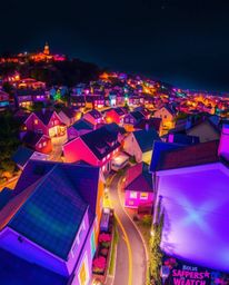Discover a whimsical sleepy town bathed in vibrant, bioluminescent glow.  This watercolor-style artwork features pastel-color