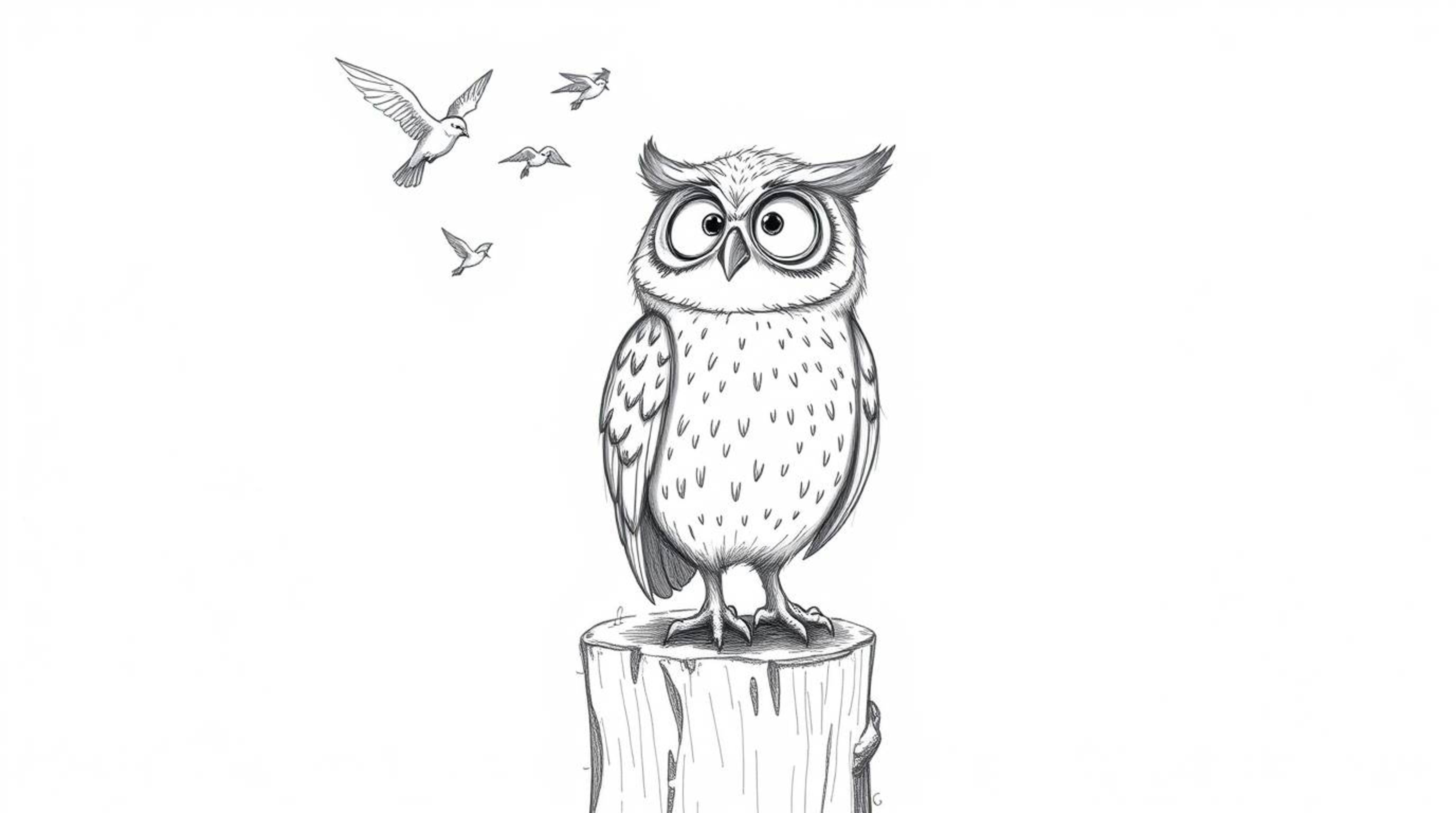 A heartwarming hand-drawn pencil sketch in the style of Pixar depicts a blind owl perched on a rustic tree stump, joyfully ch