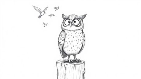 A heartwarming hand-drawn pencil sketch in the style of Pixar depicts a blind owl perched on a rustic tree stump, joyfully ch