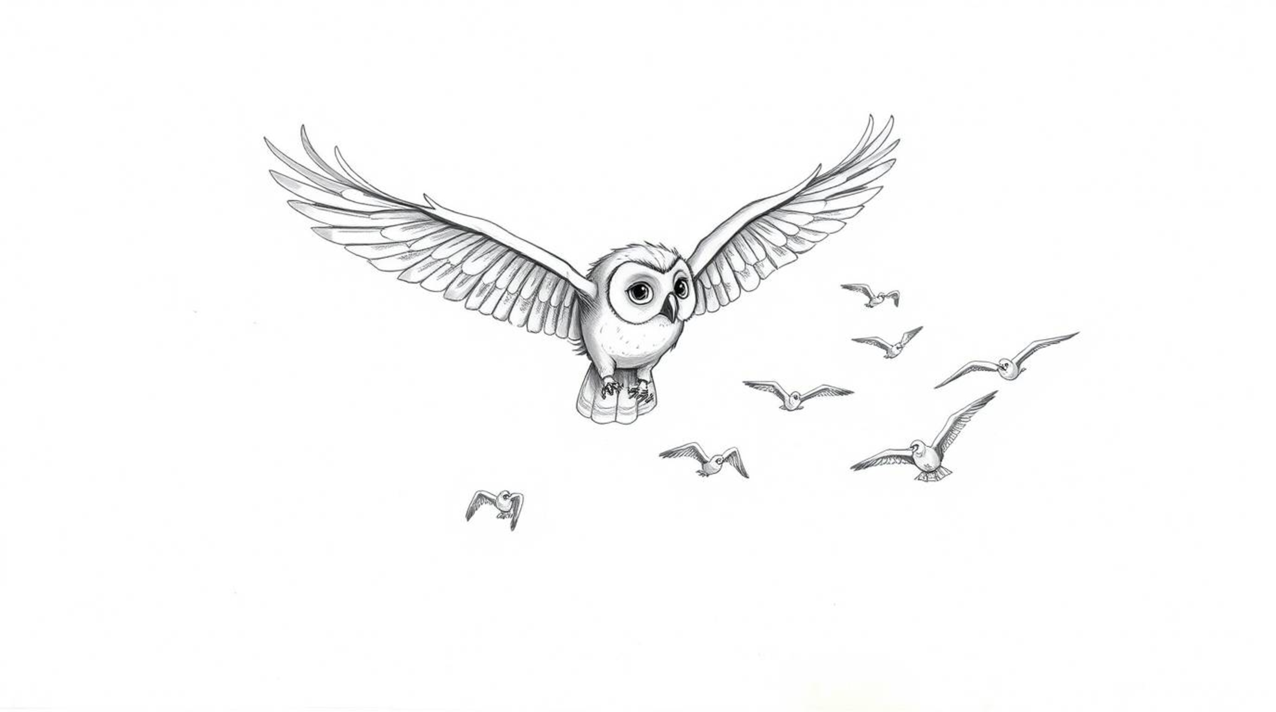 A charming hand-drawn sketch in the style of Pixar portrays a blind owl in mid-flight, gracefully teaching a flock of birds t