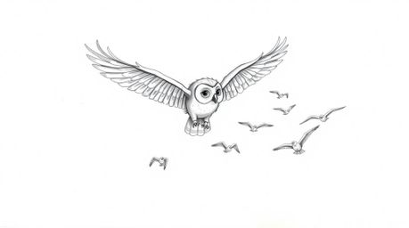 A charming hand-drawn sketch in the style of Pixar portrays a blind owl in mid-flight, gracefully teaching a flock of birds t
