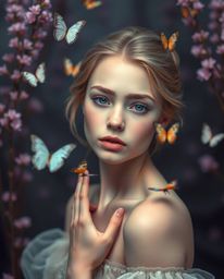 Capture a scene of ethereal beauty featuring a graceful girl with porcelain skin releasing butterflies in a mystic and enchan