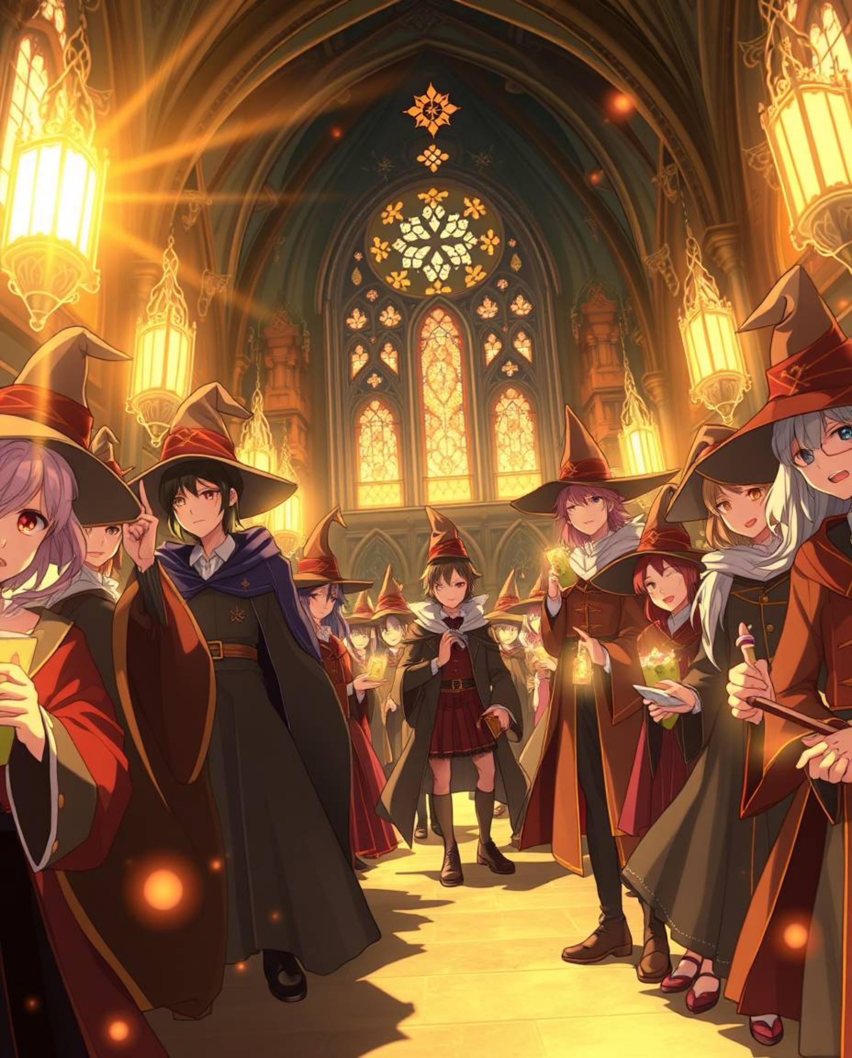 Immerse yourself in a captivating isekai anime-style depiction of a magical school teeming with expressive young wizards. Bat
