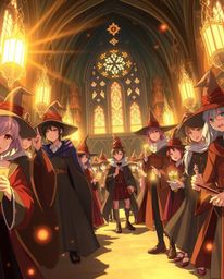 Immerse yourself in a captivating isekai anime-style depiction of a magical school teeming with expressive young wizards. Bat