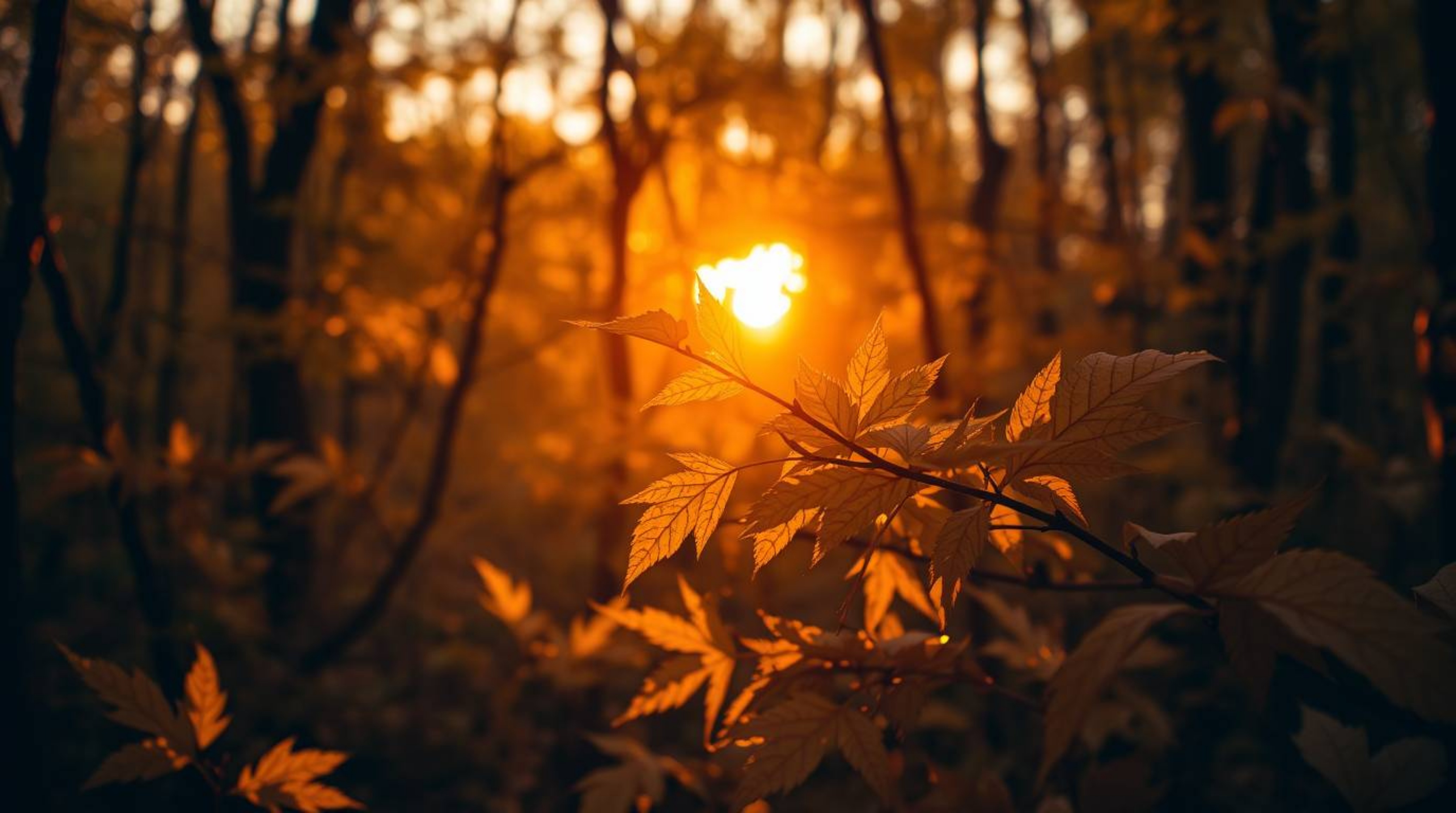 A tight close-up shot captures the enchanting scene of an autumn forest bathed in the warm glow of the sunset. Golden leaves,