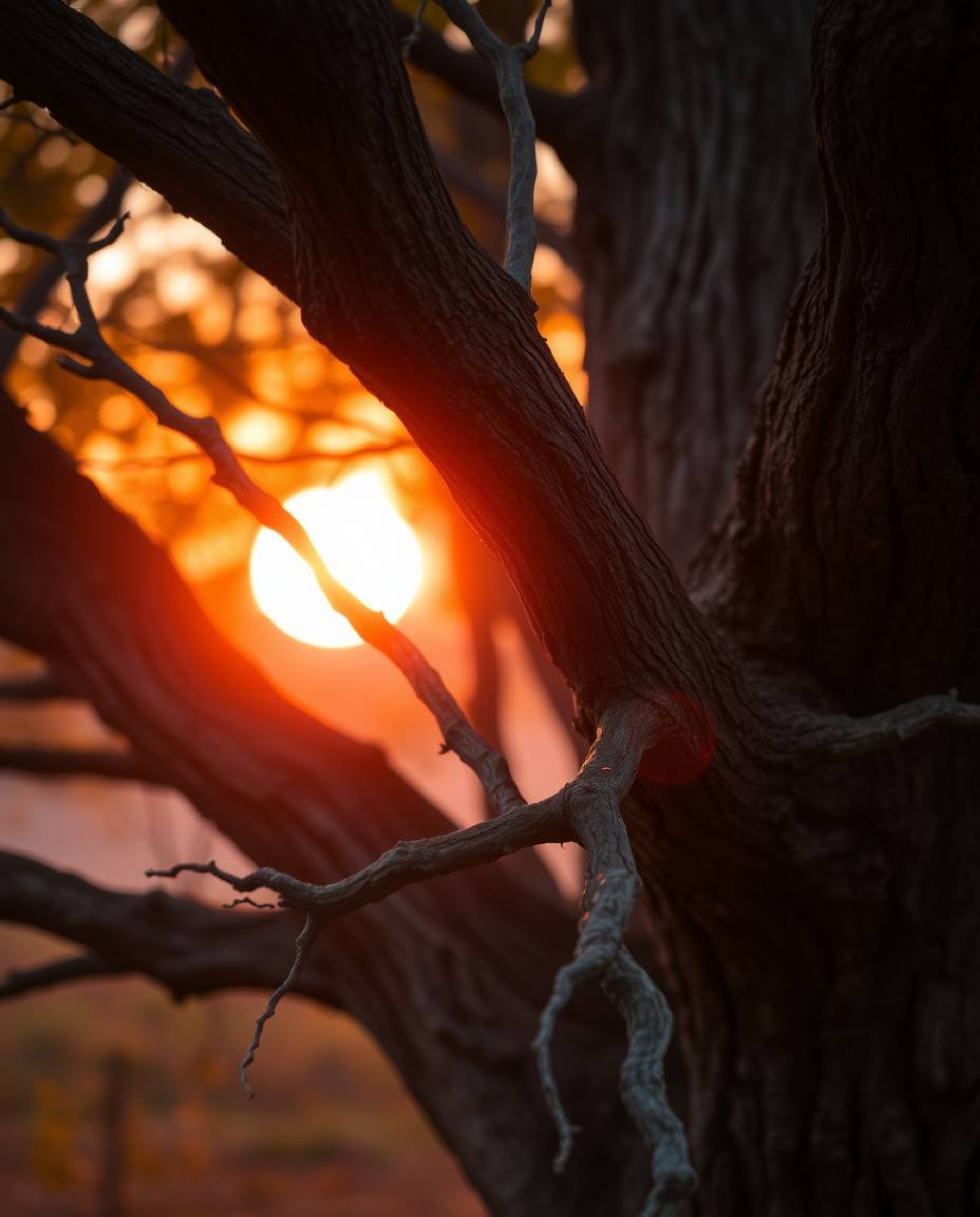 A tight close-up shot focusing on the warm sunset hues of reds, oranges, and yellows behind an old oak tree with twisted bran