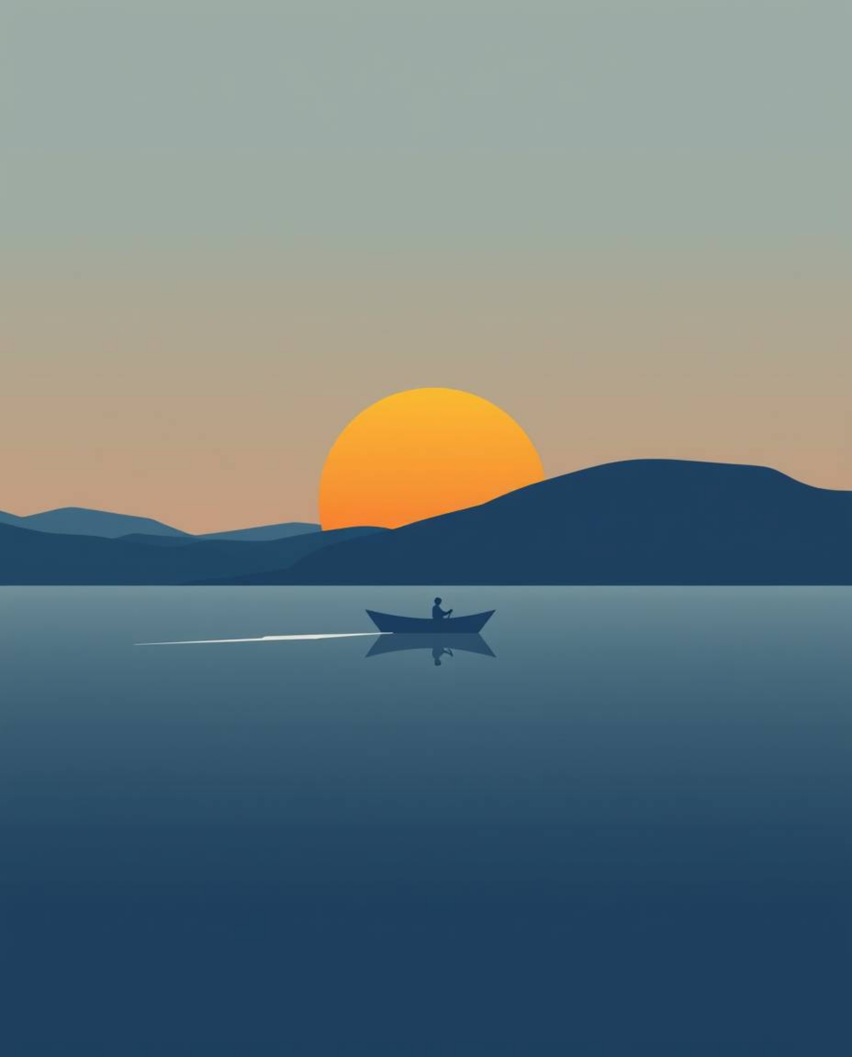 A modern flat design illustration depicts a boat gracefully drifting on a lake at sunset. The artwork is characterized by its
