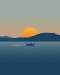 A modern flat design illustration depicts a boat gracefully drifting on a lake at sunset. The artwork is characterized by its