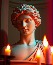 A captivating image showcasing a classical sculpture infused with a vibrant glitch effect.  Warm candlelight illuminates the 