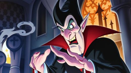 A captivating watercolor painting depicts a classic Disney villain casting a spell within a gothic castle. The artwork showc